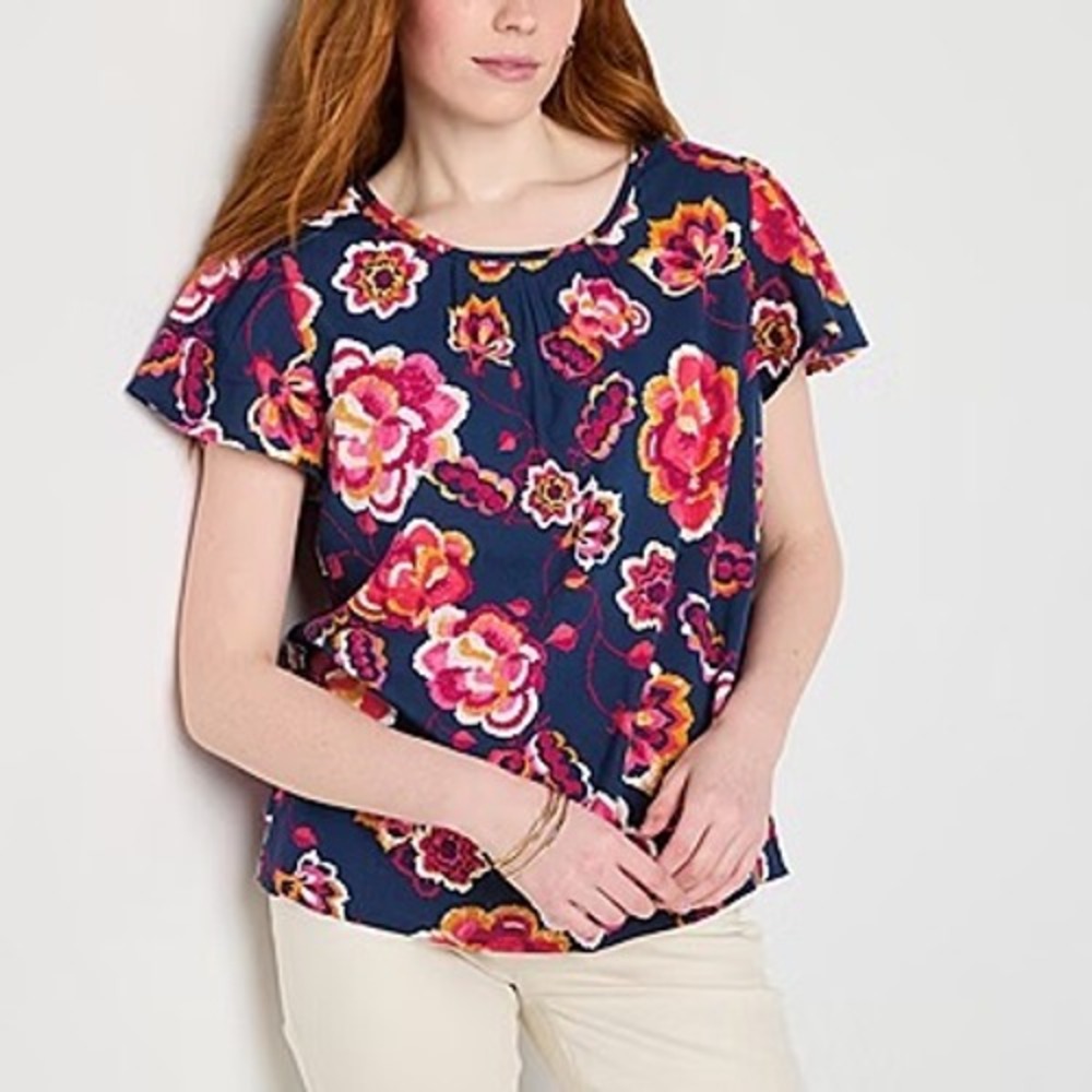 NWT St. John's Bay Womens Navy Floral Crew Neck Short Sleeve Blouse Size Large‎